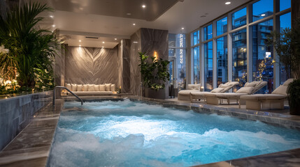 Elegant wellness facility featuring chilled immersion pool filled with ice cubes, sleek modern decor, warm indirect lighting, and tranquil spa relaxation atmosphere