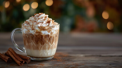 Glass mug filled with layered latte, frothy foam rising above rim, cinnamon dusted whipped cream and warm lighting evoking cozy fall cafÃ© charm