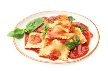 Delicious ravioli with tomato sauce and basil isolated on white