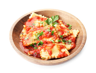 Delicious ravioli with tomato sauce and parsley isolated on white