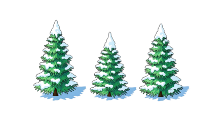 Three snowcovered evergreen trees standing in a row, isolated on transparent background