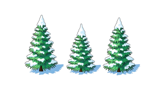 Three snowcovered evergreen trees standing in a row, isolated on transparent background