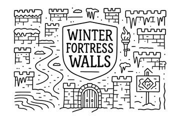 Obraz premium Winter fortress design with line art castle walls and icy elements