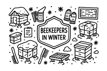 Fototapeta premium Winter beekeeping essentials: cozy hive, warm clothing, and honey production tools in doodle art