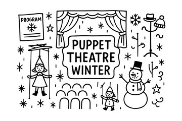 Obraz premium Winter puppet theatre scene with snowman and audience in black and white