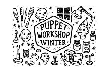 Hand-drawn puppet workshop design with winter elements and tools