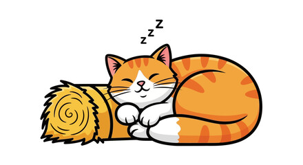 Cute Cartoon Cat Sleeping on Hay Bale Vector Illustration