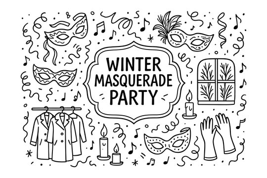 Winter masquerade party invitation with doodle style masks and winter elements