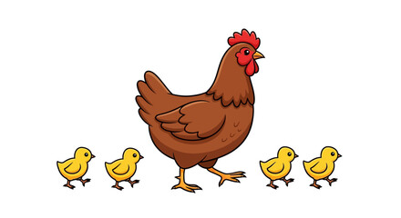 Cartoon Hen with Chicks Family Concept Farm Animal Illustration