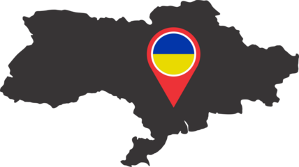 Map of Ukraine with a marker isolated on white