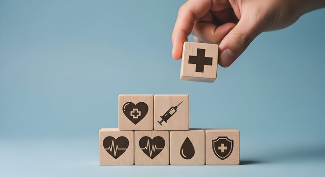 Hand arranging wooden blocks with health and medical icons for healthcare insurance concept