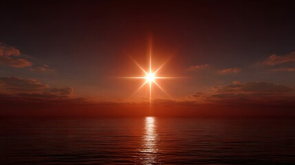 A vibrant sunset over the calm ocean with the radiant sun creating a starburst effect and casting its reflection on the water