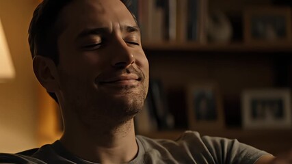 Man with closed eyes smiles peacefully, enjoying a moment of quiet reflection at home