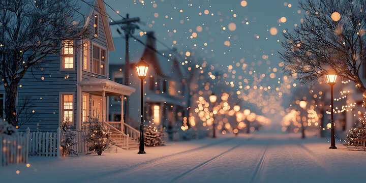 Snow-covered suburban street at dusk with glowing lampposts and warmly lit houses under softly falling snowflakes and festive winter atmosphere. 
