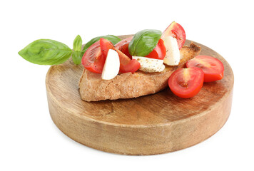 Tasty bruschetta with mozzarella cheese, tomatoes, basil and spices isolated on white