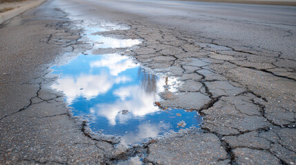 Naklejka premium Cracked asphalt road filled with large potholes reflecting the overcast sky, muted colors of gray and blue, symbolizing decay and neglect