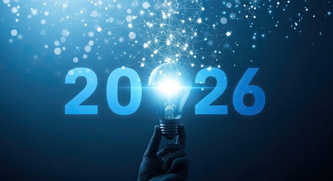 2026 innovation concept glowing bulb, network, future technology