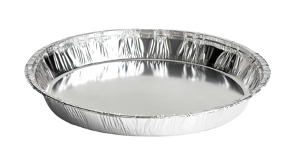 Disposable aluminum pie pan isolated on white transparent background