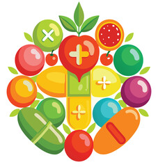 Colorful fruit and vegetable icon set showing apples, oranges, strawberries and leafy greens