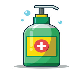 Vector illustration of a green pump bottle with an ethanol-based liquid sanitizer. Antiseptic gel dispenser with a medical cross symbol, isolated on a white background for health and hygiene concepts