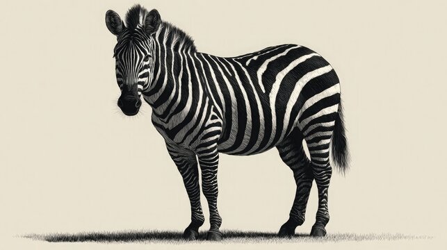 Detailed vector sketch of a zebra standing still, designed with clean black stripes on pure white background. Represents uniqueness and harmony. 