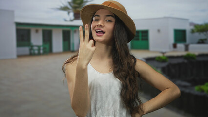 Young hispanic woman wearing straw hat and white dress counts fingers while smiling in front of building facade; learning joy.