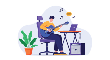 Fototapeta premium A man playing an acoustic guitar at home, using a laptop and an amplifier to create music or practice his hobby.