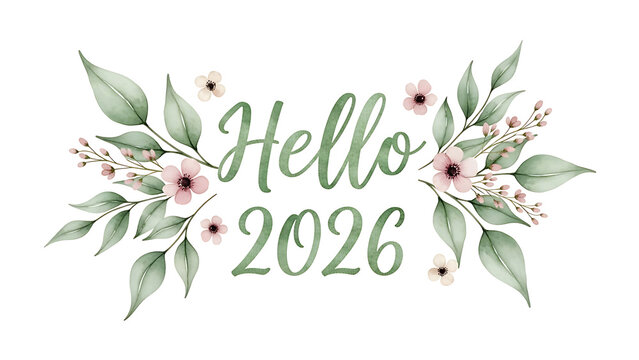 Elegant Hello 2026 Script Typography social media benner with Watercolor Greenery and Dusty Rose Flowers 
