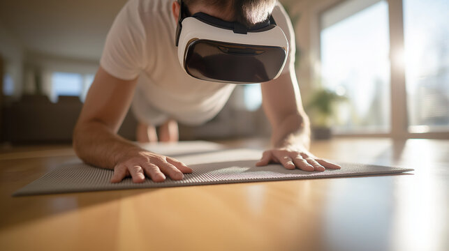 Man exercising yoga on wooden floor