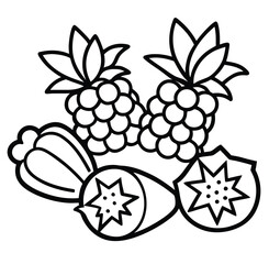 Exotic Fruits Line Art Outline Drawing of Tropical Delights - Pineapple, Star Fruit, and Papaya in Vector Illustration