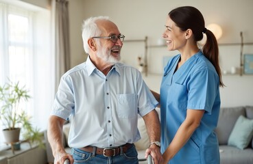 Obraz premium Happy senior man with walker smiles, laughs with young female nurse in bright home setting. Caregiver helps elderly patient, physical therapy rehabilitation exercise daily. Enjoy supportive talk,