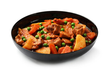 Delicious cooked stew with vegetables isolated on white