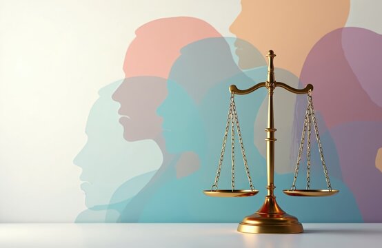 Golden scales of justice stand on white table. Diverse colorful human profiles overlap in light background. Image represents fairness, inclusion, equality for people. Legal balance, social equity,