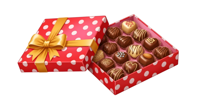 Assortment of gourmet chocolates in a festive red polka dot gift box