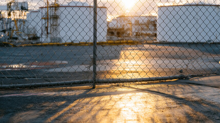 Fototapeta premium Chain-link fence casting geometric shadows over concrete in front of petroleum tanks, sunset glow softening industrial harshness