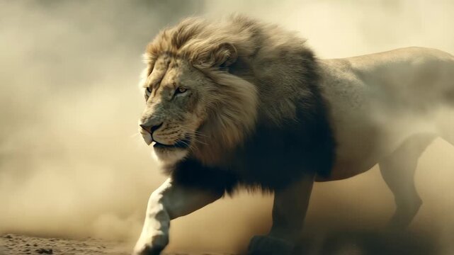 Majestic lion running through dusty terrain during golden hour near African savannah