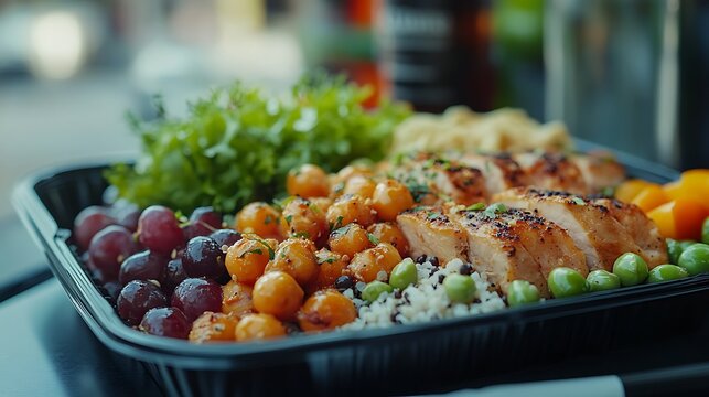 Grilled chicken salad bowl on tray. - Powered by Adobe