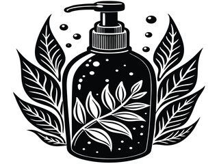 A sleek black pump bottle of herbal foam sanitizer, adorned with delicate leafy branches and surrounded by lush foliage, against a clean white background, evoking natural freshness and hygiene