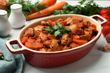 Delicious cooked stew in baking dish and fresh ingredients on white marble table, closeup