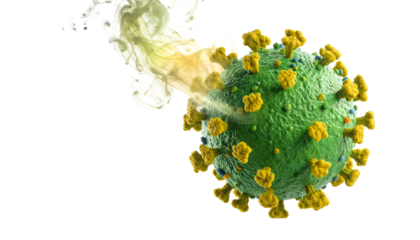 A detailed digital illustration of a green coronavirus model with a yellow aura