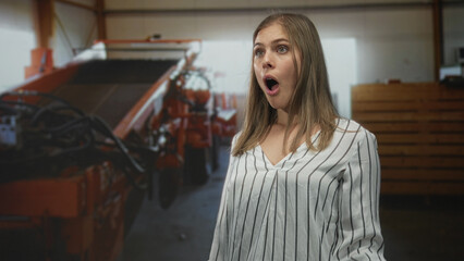 Woman covers mouth beside heavy machine inside building hall while gazing sideways; surprise wonder.