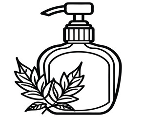 A detailed illustration of a liquid soap dispenser with herbal leaves, highlighting the concept of natural and gentle cleansing for skin care. Perfect for health and wellness