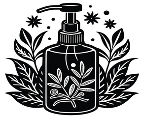 Elegant monochromatic illustration of a pump dispenser bottle, adorned with natural leafy patterns, symbolizing purity, freshness, and organic liquid care products