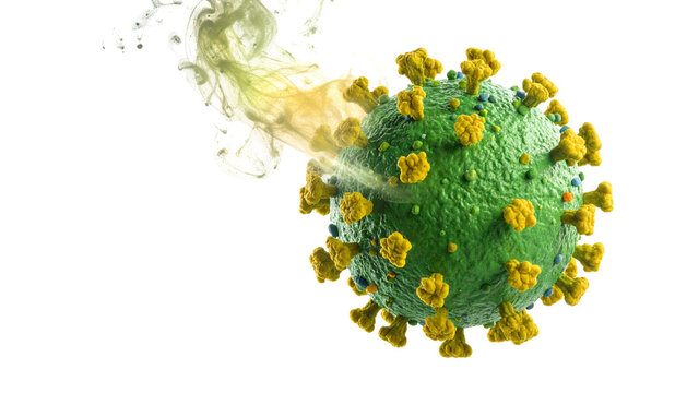 A detailed digital illustration of a green coronavirus model with a yellow aura