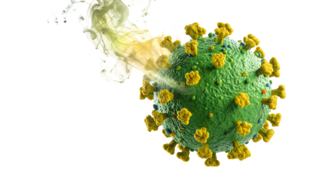 A detailed digital illustration of a green coronavirus model with a yellow aura