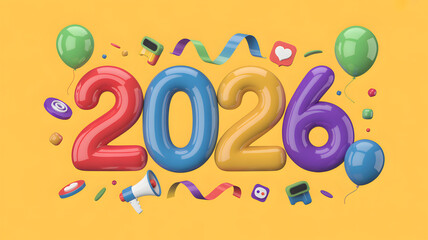 Fototapeta premium Colorful 3D 2026 Typography with Balloons and Ribbons – Festive New Year Celebration Design on Yellow Background