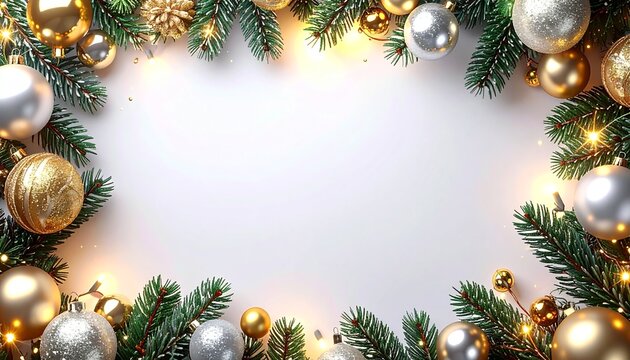 Marco decorativo con temática navideña. Está compuesta por ramas de pino o abeto de color verde oscuro, muy frondosas, que rodean un espacio central en blanco.