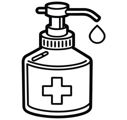 Vector illustration of a hospital-grade antiseptic hand sanitizer in a pump dispenser bottle with a medical cross, dispensing a single drop of cleaning gel, isolated on a white background