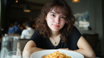 Asian woman with food in cafe.