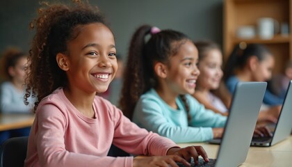 Diverse group of young girls in a bright classroom actively learn coding on laptops. Children focus on computers, developing digital skills and engage in a fun educational session.